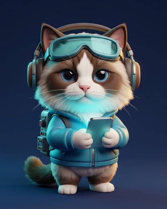 My cartoon avatar: an anthropomorphic ragdoll cat in headphones and teal goggles, wearing a teal jacket and a small backpack, holding a phone