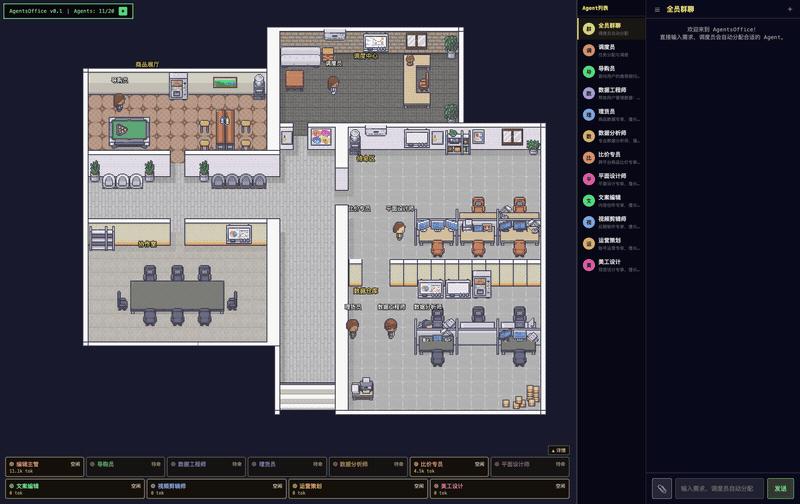 Animated demo of the AgentsOffice workspace.